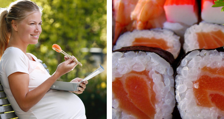 En bild på en gravid kvinna som äter rå lax. En bild på sushi med lax.