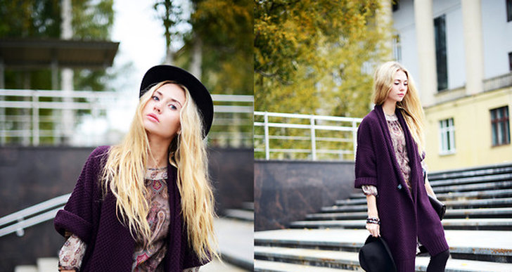 Ryska Valeriya i vackert mörklila mysig kofta matchat med paisley-mönstrat. http://lookbook.nu/leravolkova