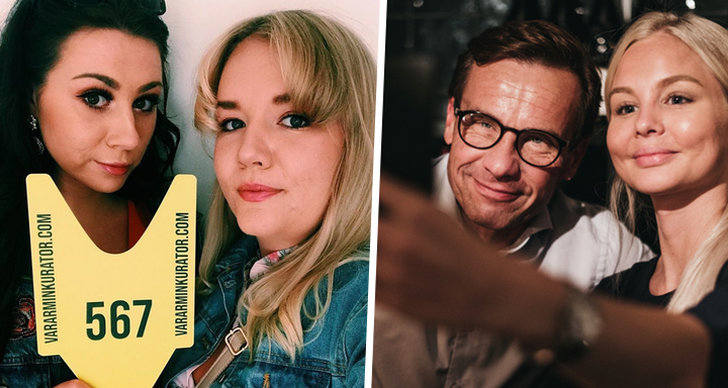 Ida och Sofie från ångestpodden håller upp en kölapp och Ulf Kristersson tar en selfie med Alexandra Bring.
