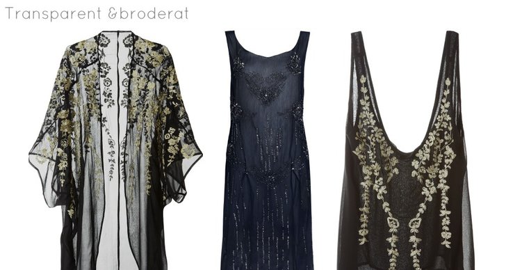 Transparent och broderat ser vi mycket utav i höst. Kimono 699kr, klänning 499kr och broderat linne 349kr 
