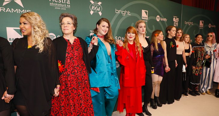 Flera svenska kvinnliga artister gick in på röda mattan och höll varandra i hand för att protestera mot sexuella övergrepp och trakasserier inom musikbranschen. 