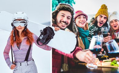 Tjej i skidkläder och vänner som skålar iklädda vinterkläder