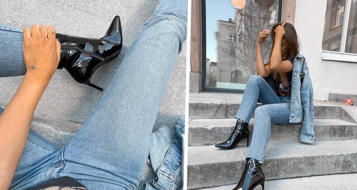Bilden är ett montage av två outfitbilder med denim och de trendigaste skorna i lack 2019.