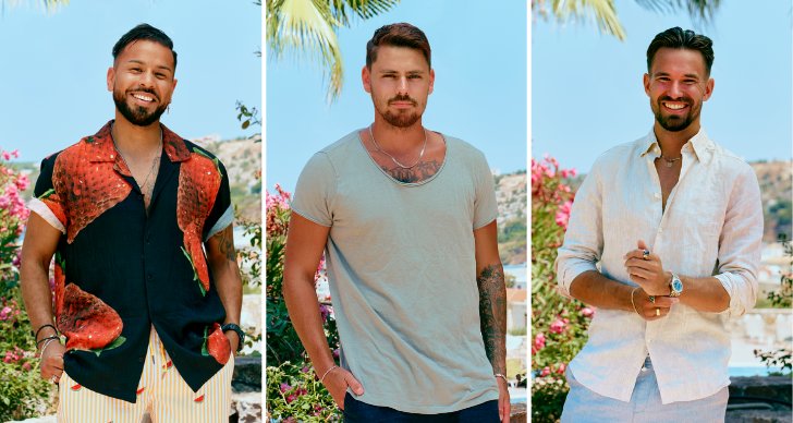 Oscar Batres, Rasmus Allard och Simon Liljeström i "Bachelorette" 2022.