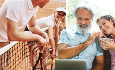 Dotter far spelar tennis och far dotter kollar laptop