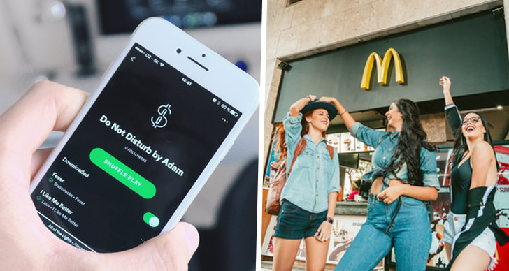 Till höger är det en bild på en spotifylista, till vänster är det tre tjejer som står utanför McDonalds.