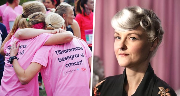 Tjejer som springer Lidingöloppet i rosa kläder och designern Bea Szenfeld som gjort årets rosa band 2018.